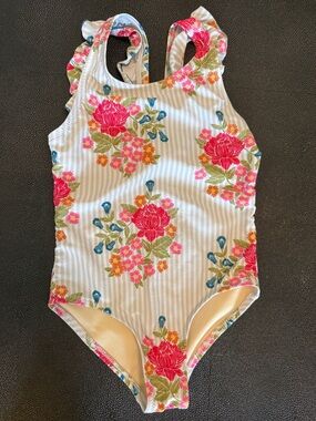 Pink Chicken Striped Floral Kids Swim One Piece with bow size 6Y
